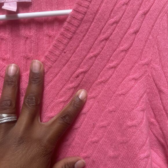 LILLY PULITZER Pink Katherine Cable Knit V-Neck SWEATER Women Large 100 Cashmere - Picture 4 of 9